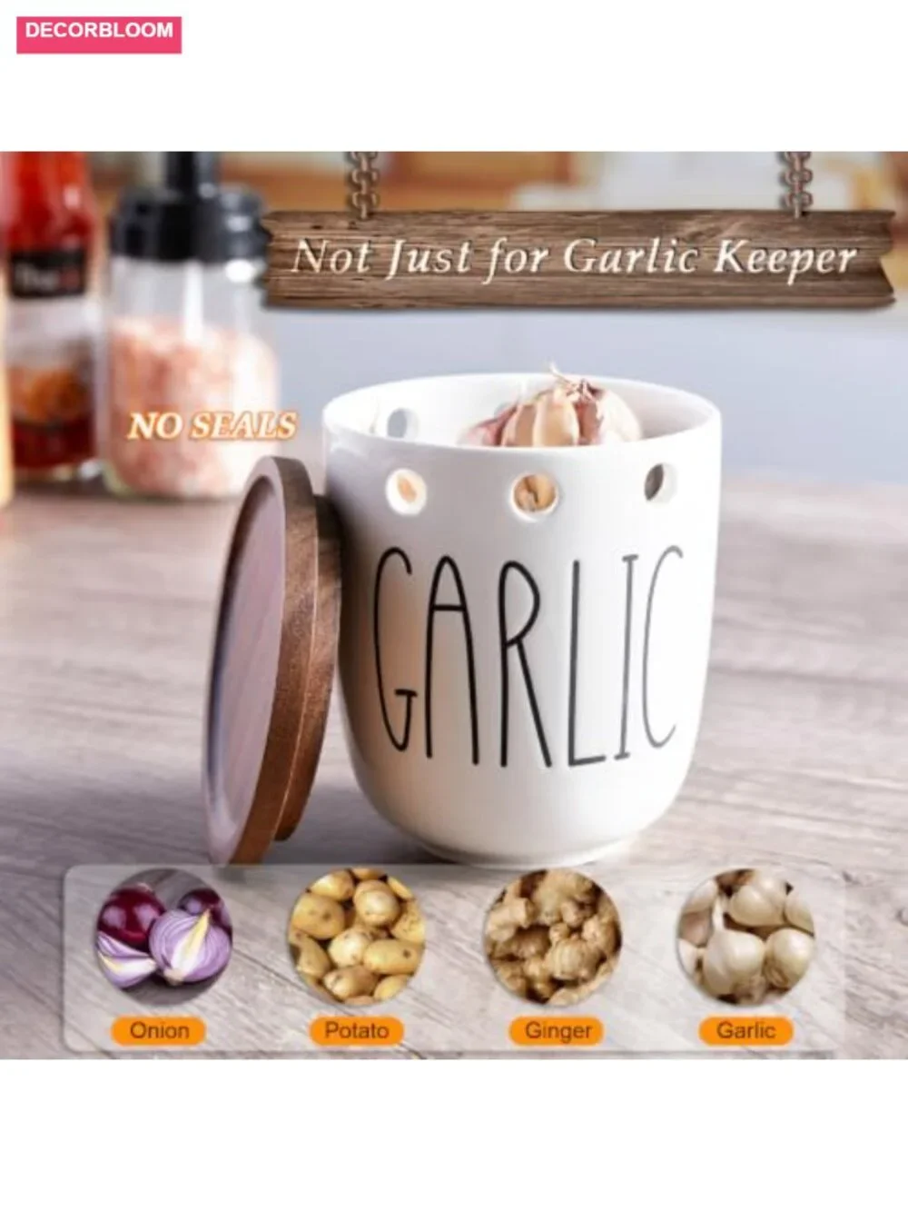 Ceramic Garlic Keeper with Acacia Wood Lid, Food Storage Jar